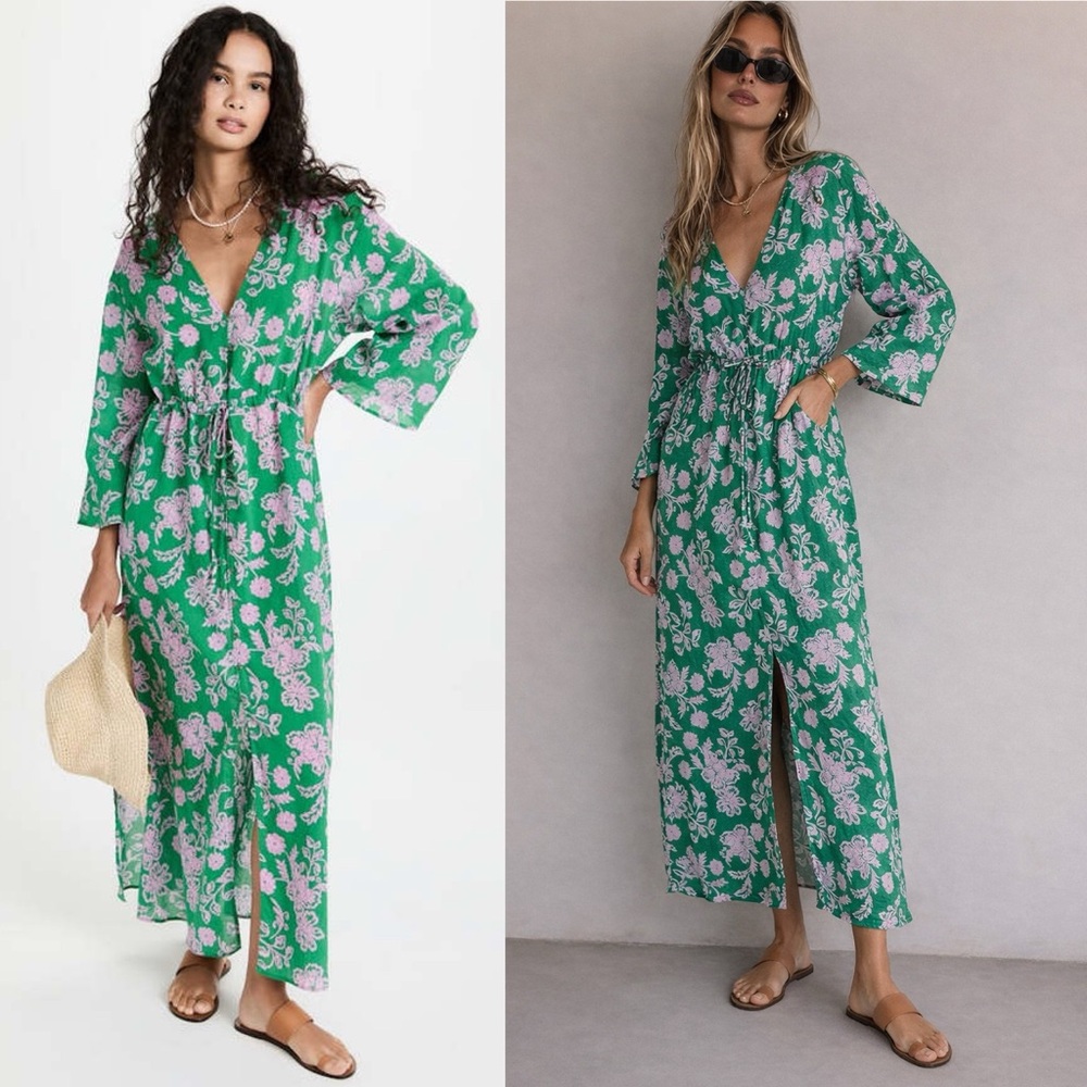 Xirena Mykah Dress Caprisyn Green Pink Floral Cotton Maxi Cover Up XS